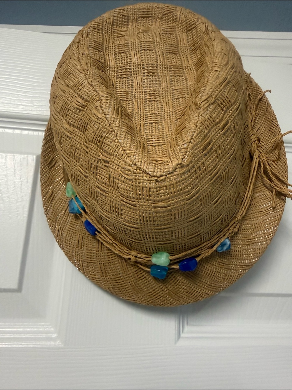 Panama Jack women Straw Fedora with Blue & Aqua Bead Trim